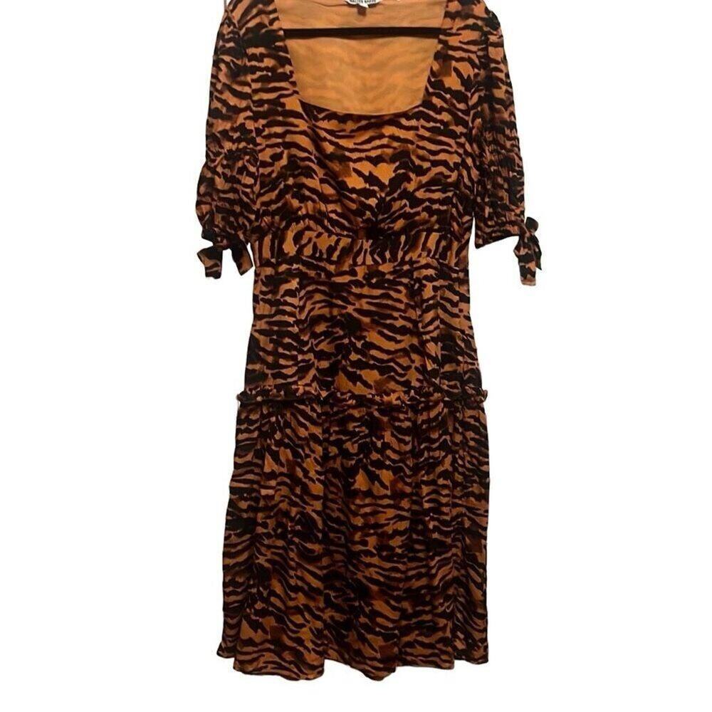 Walter Baker Womens Orange Yosline Gathered Tiger-Jacquard Midi Dress Size 10